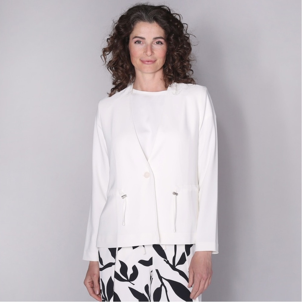 MarlaWynne Draper Twill White Open-Front Women's Blazer with Drawstring Detail